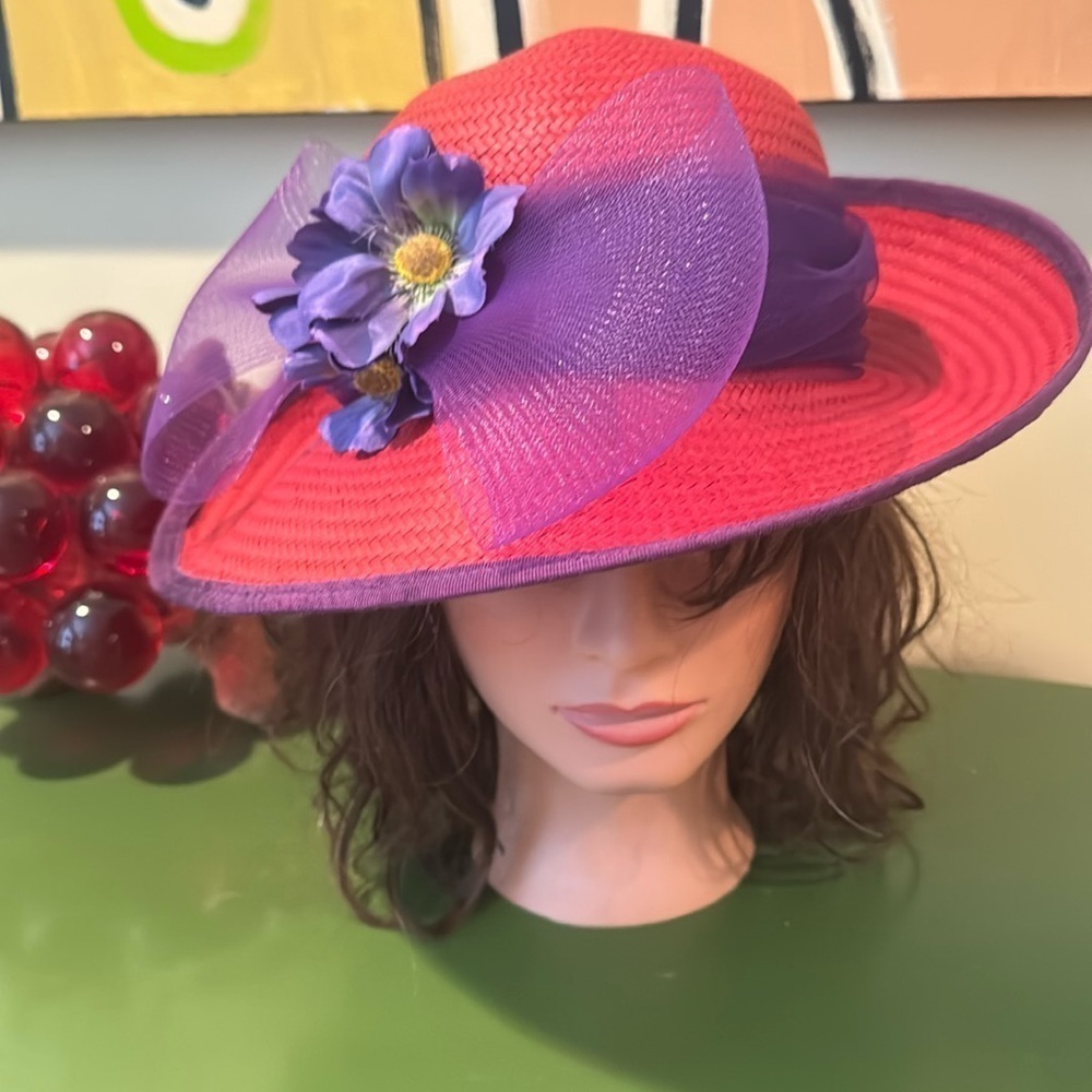 Kathy Jeanne Vintage red and purple straw hat